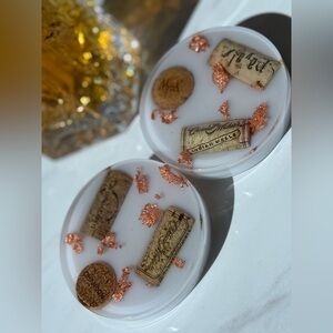 Set of 2 handmade silky White resin Coasters with Cork and Copper Accents